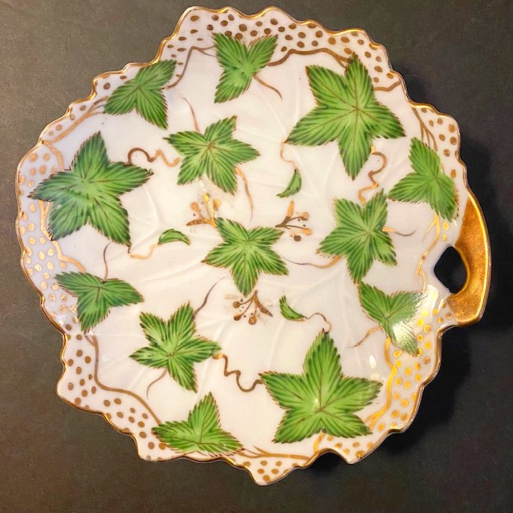 Trinket Dish Porcelain Green Ivy Leaves Gold Rim Soap Dish Lemon Dish Ring Dish